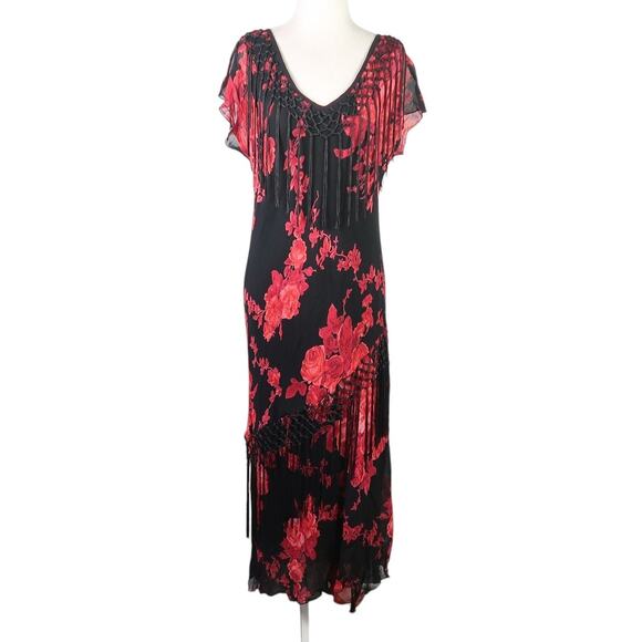 Vintage 90s Temptation Black and Red Floral Fringe Midi Dress L - Picture 1 of 6